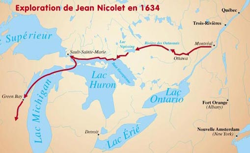 Carte de l'expédition de Jean Nicolet en 1634...